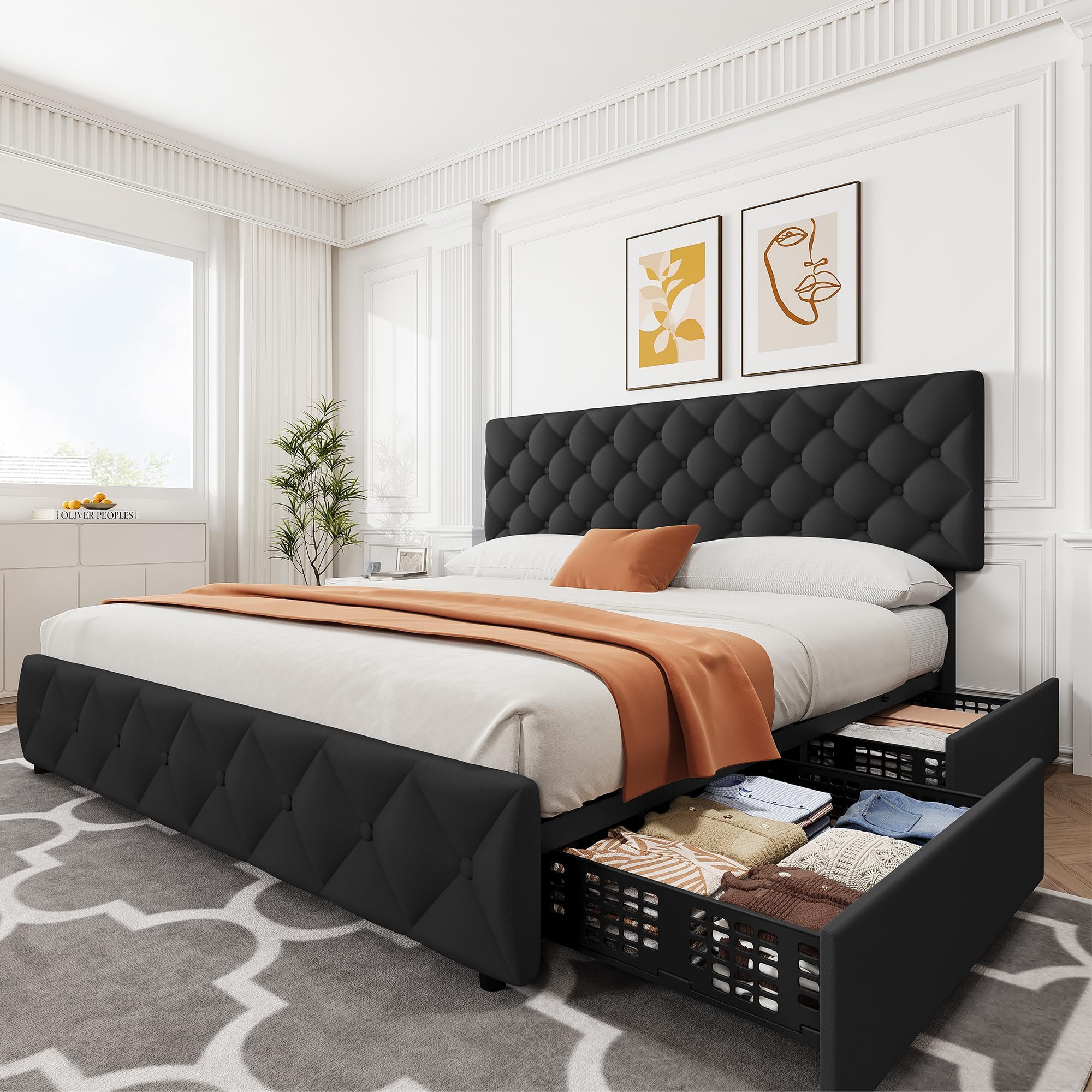 King Size Bed Frame With Storage Drawers - 4개의 수납 서랍과 높이 조절이 가능한
