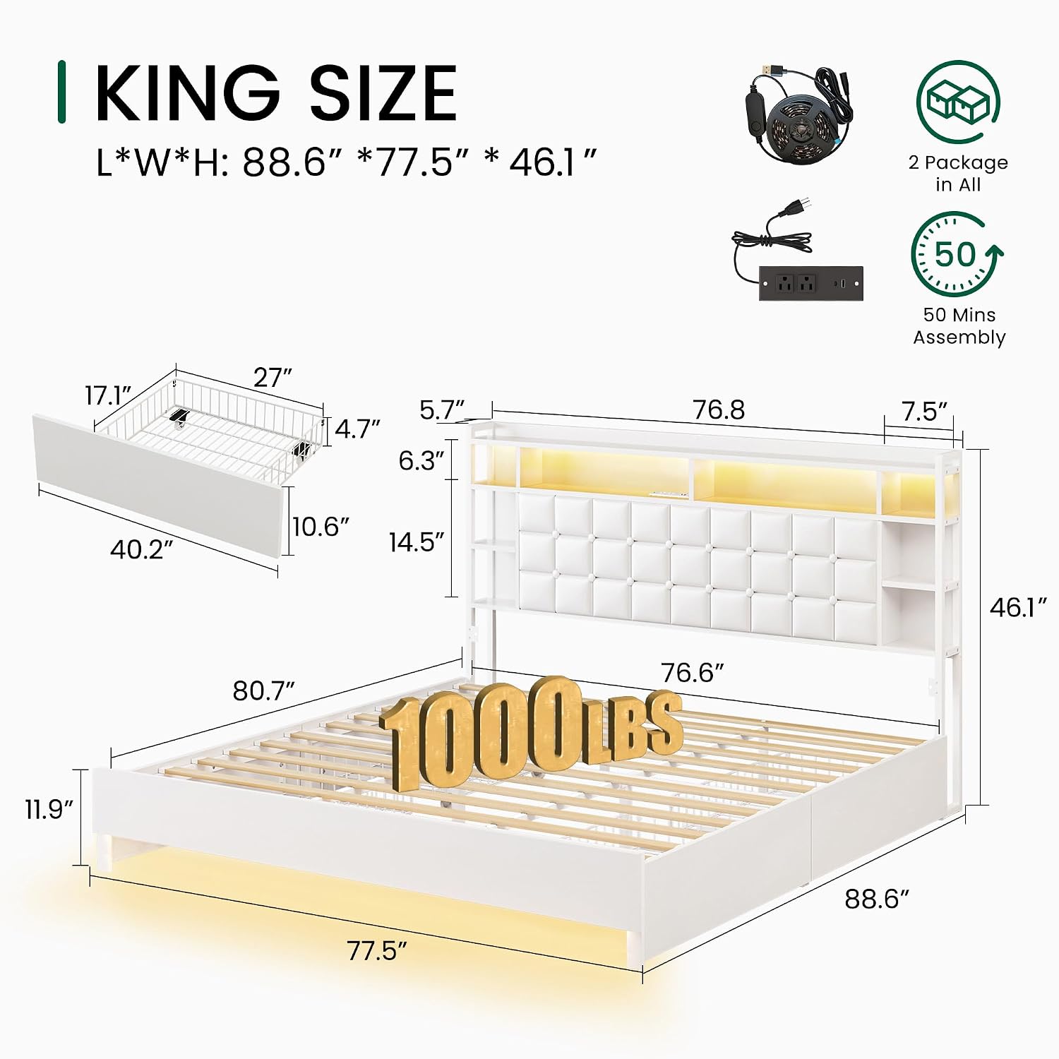 킹사이즈 원목 침대 프레임, 수납 서랍 및 LED 헤드 - King Size Bed Frame With Storage Drawers 리뷰 및 가격