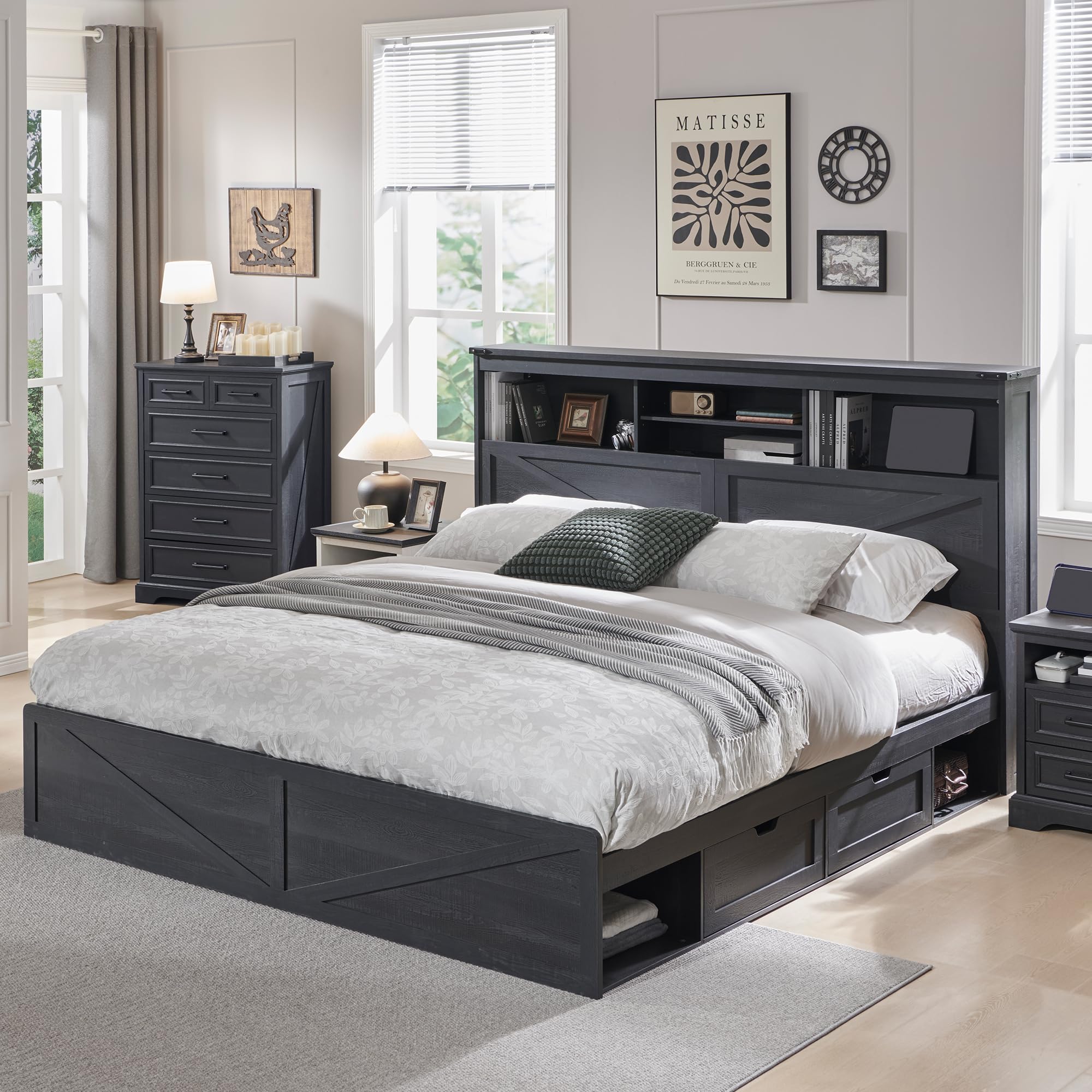 52인치 높이의 수납형 책장과 4개의 서랍이 있는 농가 - King Size Bed Frame With Storage Drawers 리뷰 및 가격