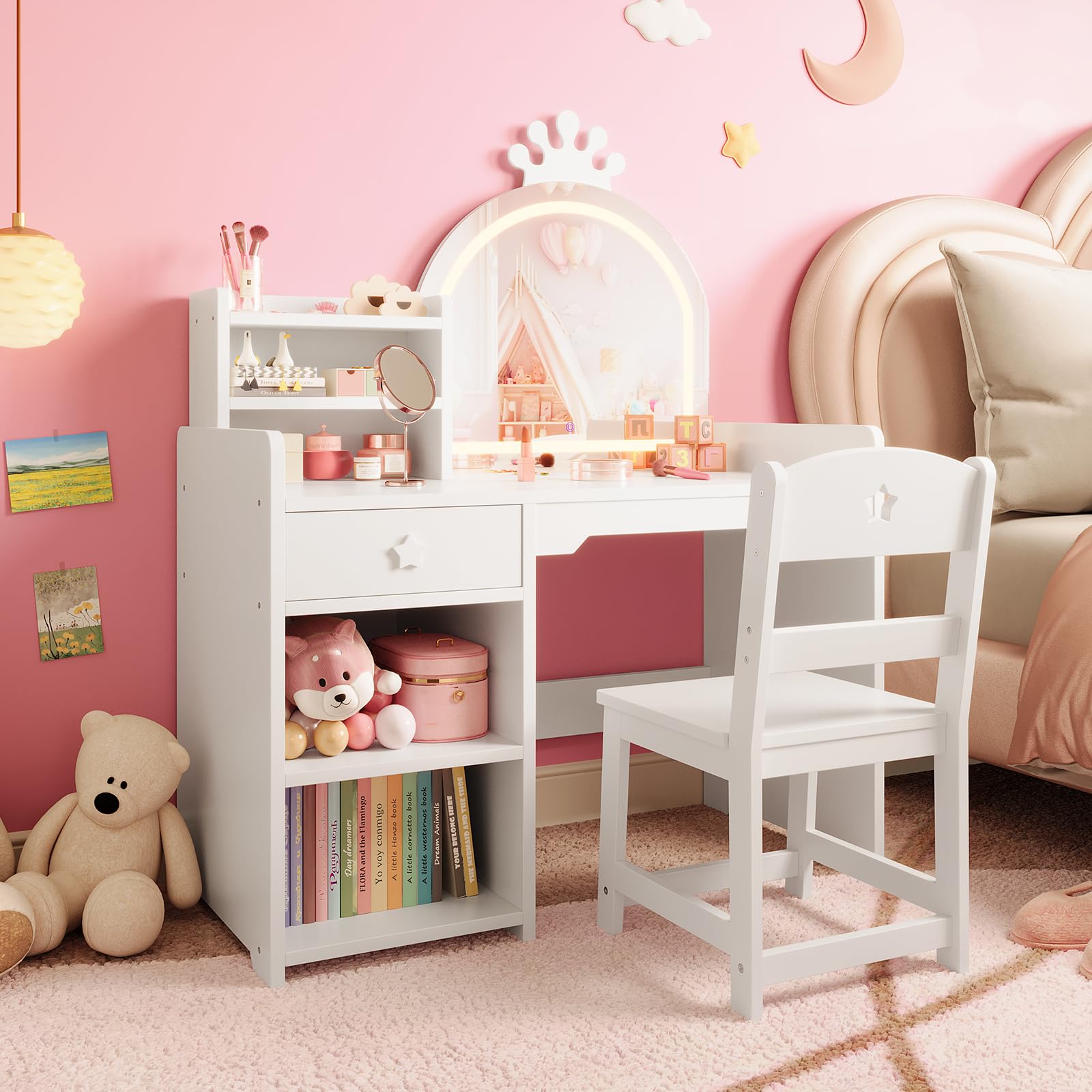 어린이 화장대 세트 - 크라운 LED 조명 거울, 서랍 - Dressing Table Vanity With Lighted Mirror 리뷰 및 가격