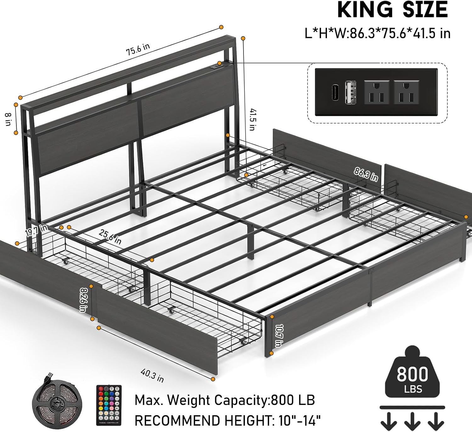 킹사이즈 침대 프레임, LED 조명 헤드보드 및 4개의 - King Size Bed Frame With Storage Drawers 리뷰 및 가격