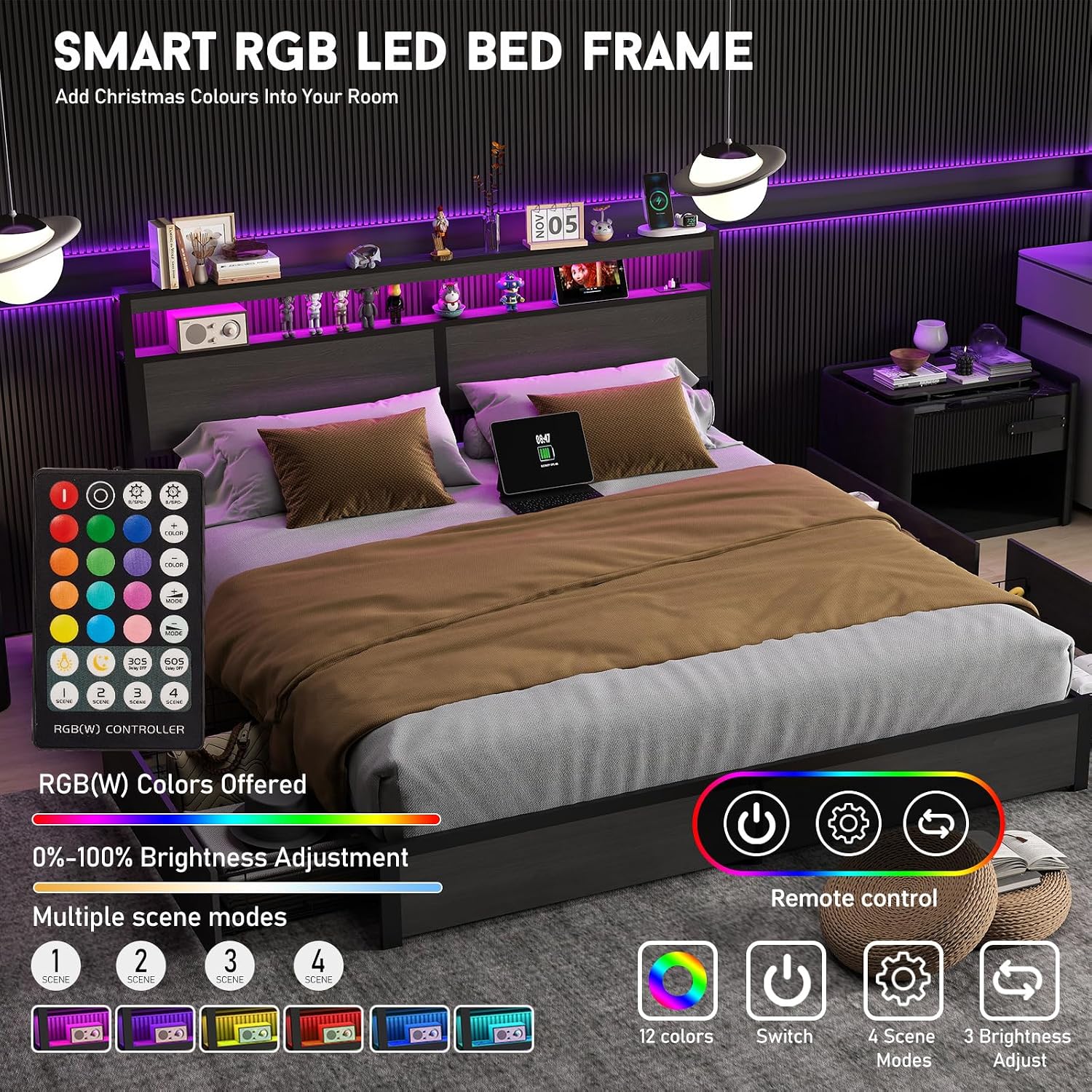 킹사이즈 침대 프레임, LED 조명 헤드보드 및 4개의 - King Size Bed Frame With Storage Drawers 리뷰 및 가격