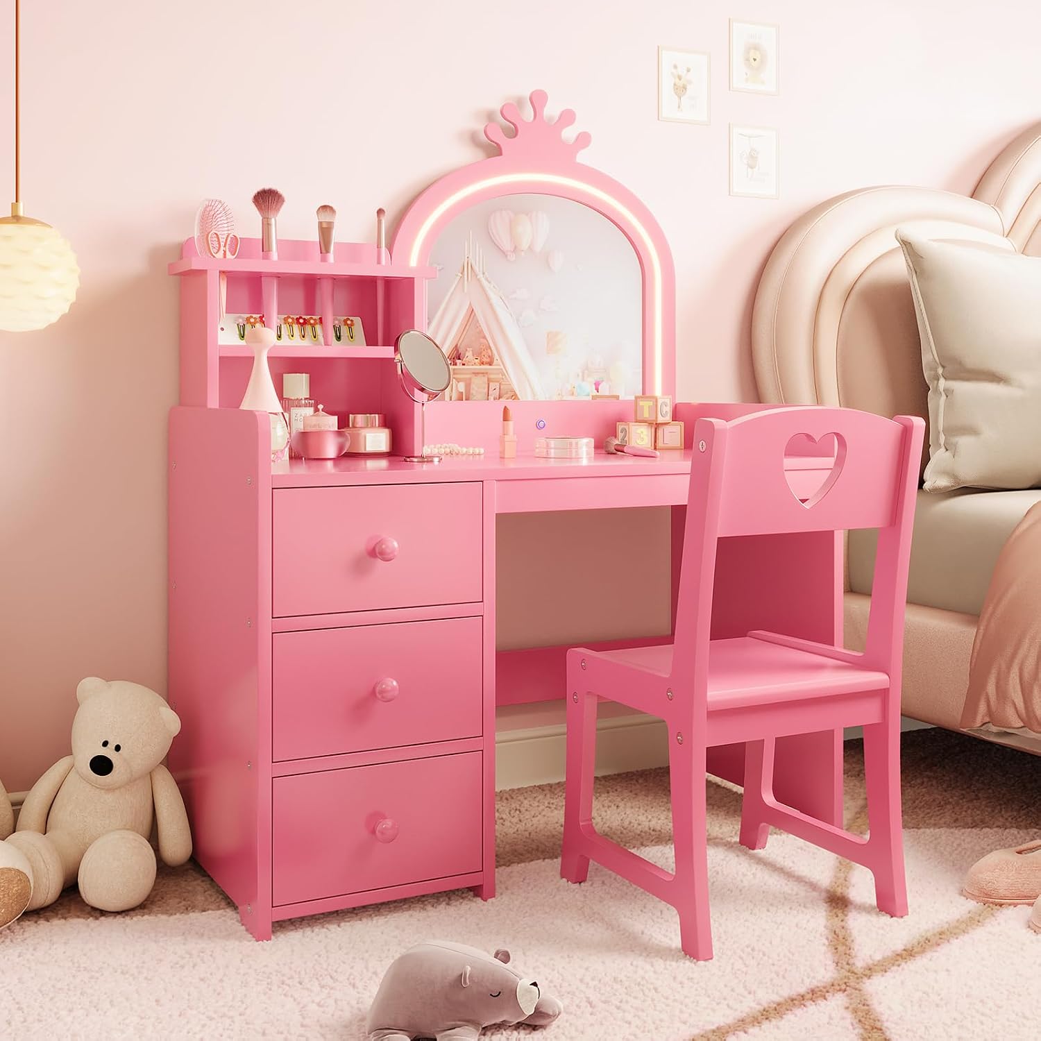 조명 거울이 달린 어린이용 화장대, 분홍색 공주풍 나무 - Dressing Table Vanity With Lighted Mirror 리뷰 및 가격