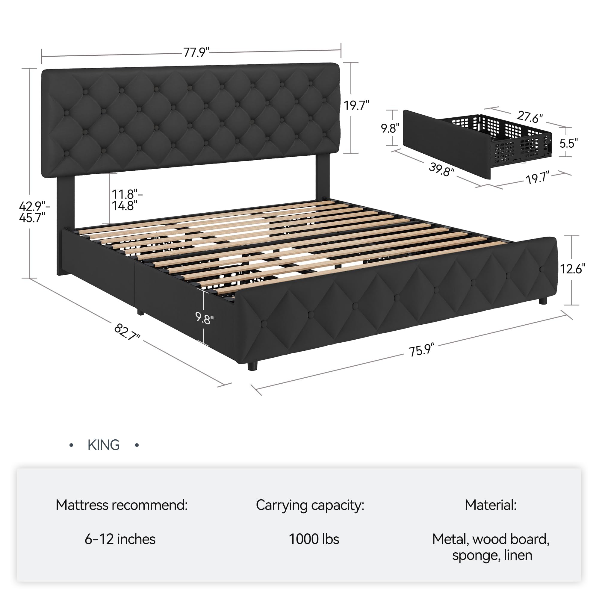 4개의 수납 서랍과 높이 조절이 가능한 헤드보드가 있는 - King Size Bed Frame With Storage Drawers 리뷰 및 가격